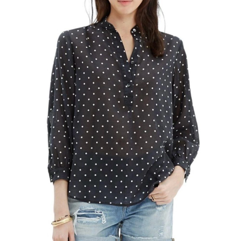 Madewell Black White Polka Dot Shirred 3/4 Sleeve Popover Peasant Blouse Medium